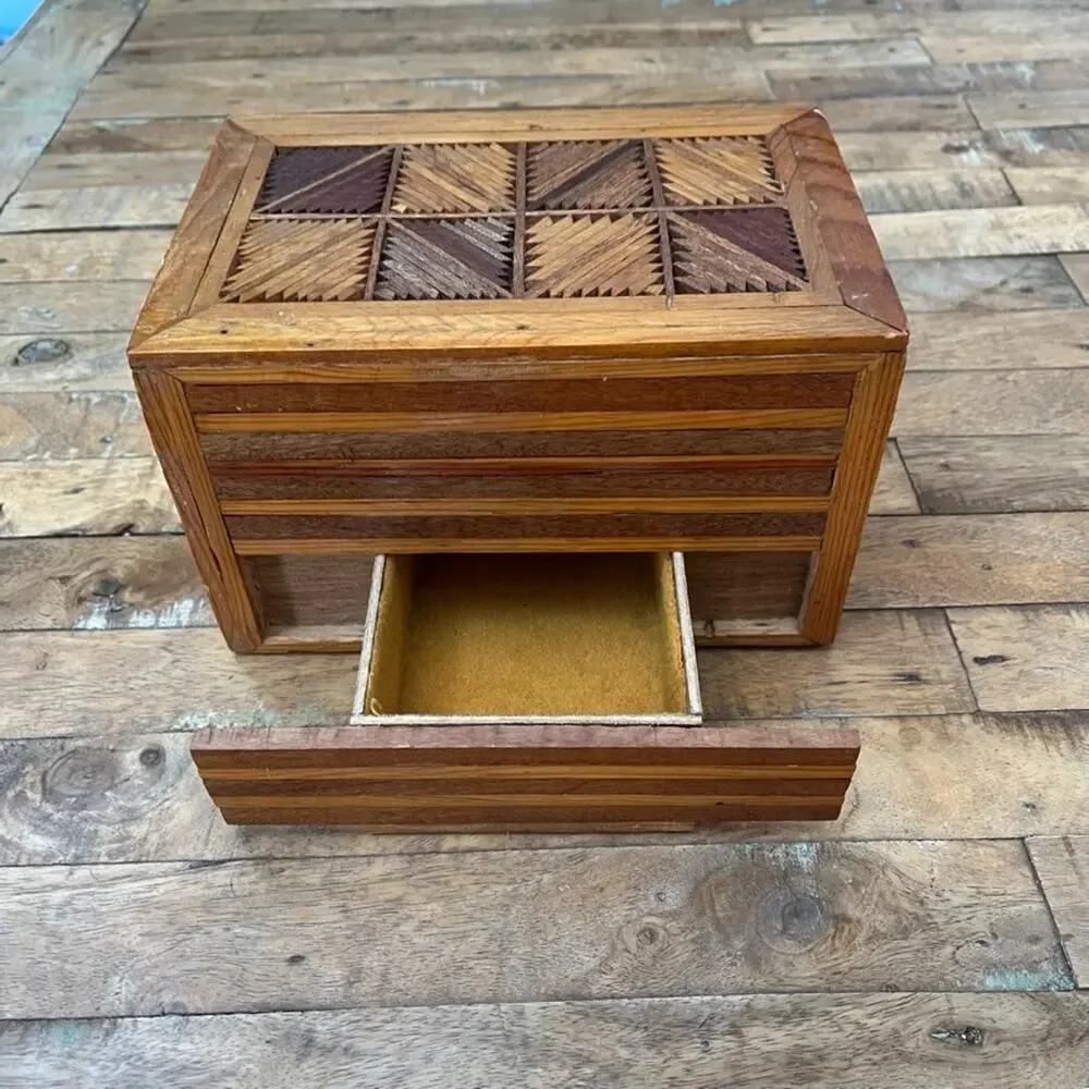 Handmade Vintage Jewelry Box Trinkets Folk Art Inlay Two Drawer Wooden 8.5